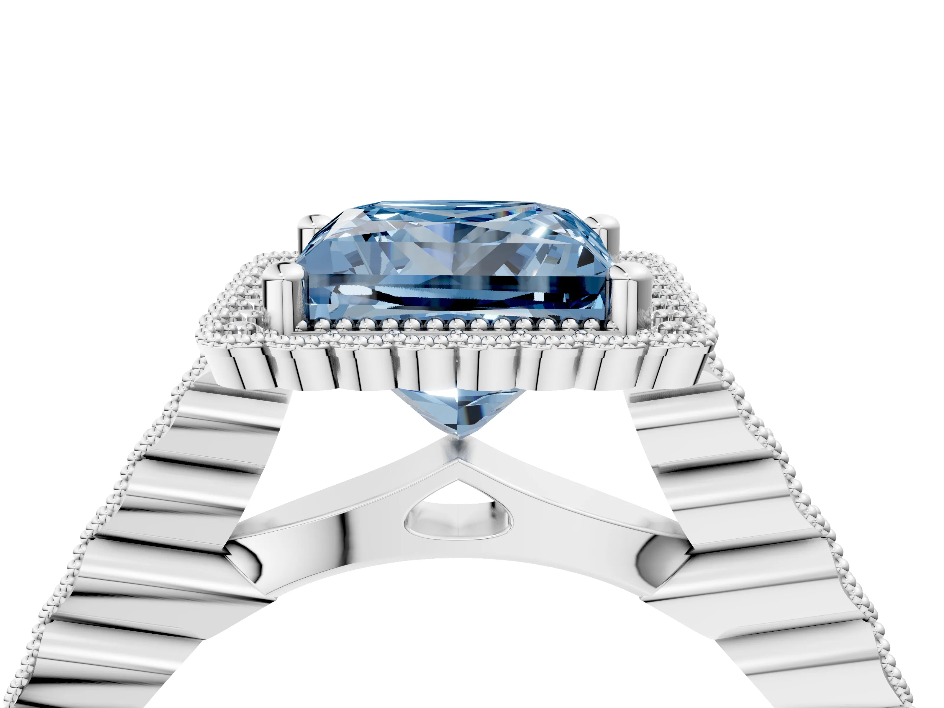 White gold Fancy Blue Princess Cut Cut Halo Pavé Solitaire Ring with Milgrain Band_4