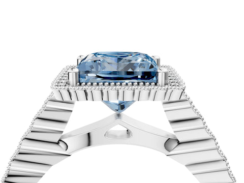 White gold Fancy Blue Princess Cut Cut Halo Pavé Solitaire Ring with Milgrain Band_4