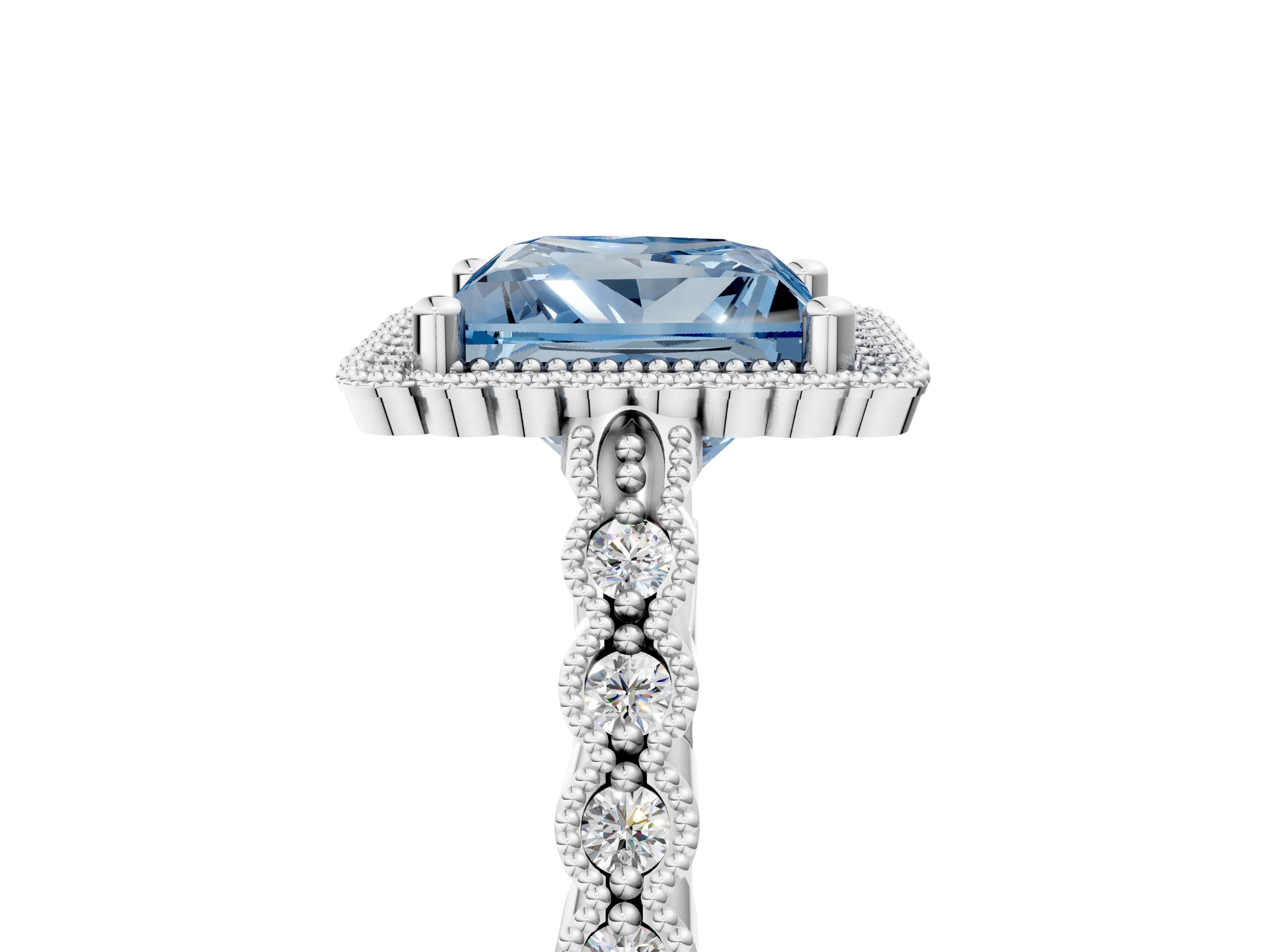 White gold Fancy Blue Princess Cut Cut Halo Pavé Solitaire Ring with Milgrain Band_5
