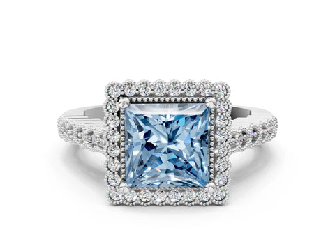 White gold Fancy Blue Princess Cut Cut Halo Pavé Solitaire Ring with Milgrain Band