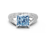 White gold Fancy Blue Princess Cut Cut Milgrain Pave Diamond Engagement Ring with Four-Prong Setting_15