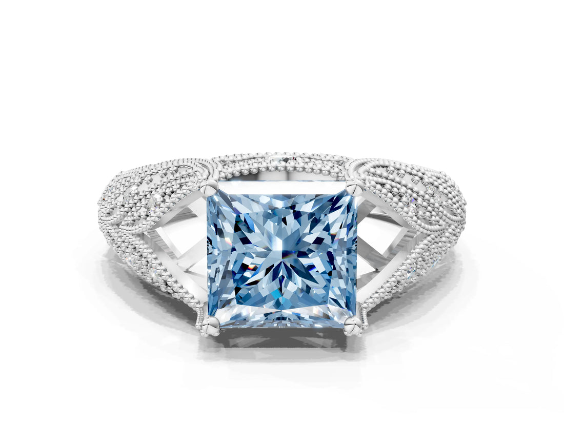 White gold Fancy Blue Princess Cut Cut Milgrain Pave Diamond Engagement Ring with Four-Prong Setting_15