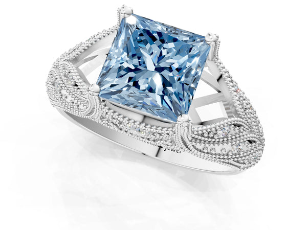 Platinum Fancy Blue Princess Cut Cut Milgrain Pave Diamond Engagement Ring with Four-Prong Setting
