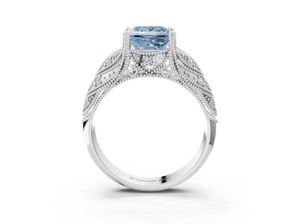 Platinum Fancy Blue Princess Cut Cut Milgrain Pave Diamond Engagement Ring with Four-Prong Setting