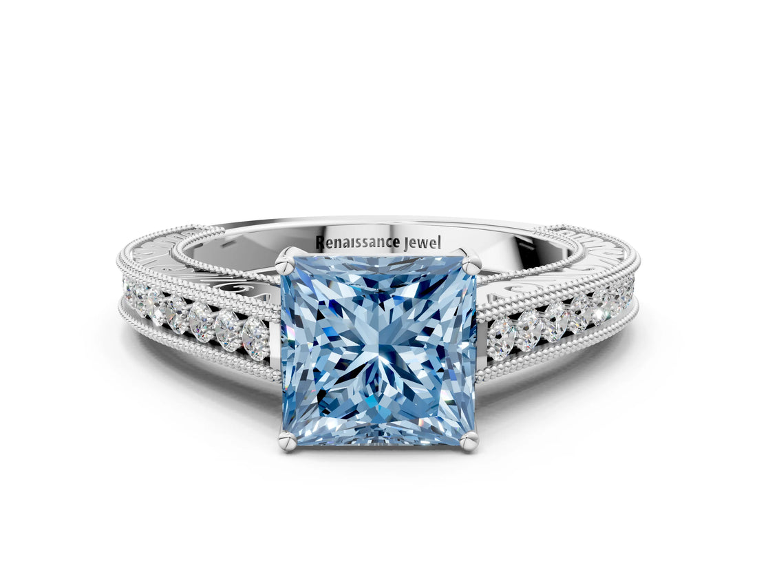 White gold Fancy Blue Princess Cut Cut Pave Band Milgrain Solitaire Ring