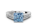 White gold Fancy Blue Princess Cut Cut Pave Band Milgrain Solitaire Ring