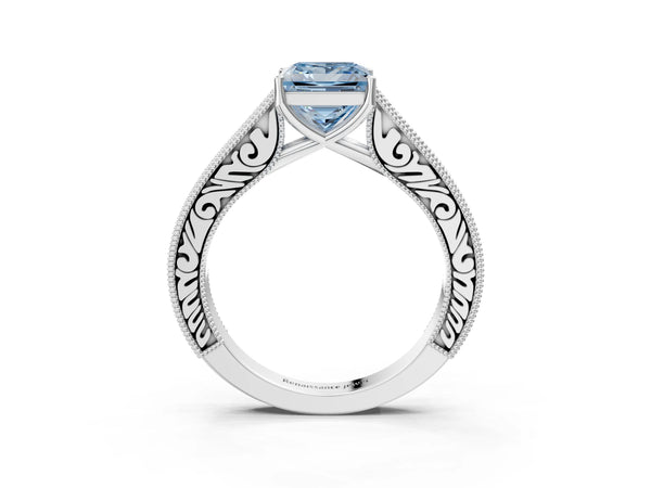 Platinum Princess Cut Vintage Pave Engagement Ring Setting for Fancy Blue Center