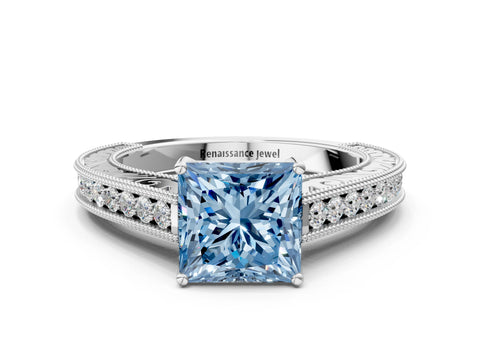 White gold Fancy Blue Princess Cut Cut Pave Band Milgrain Solitaire Ring