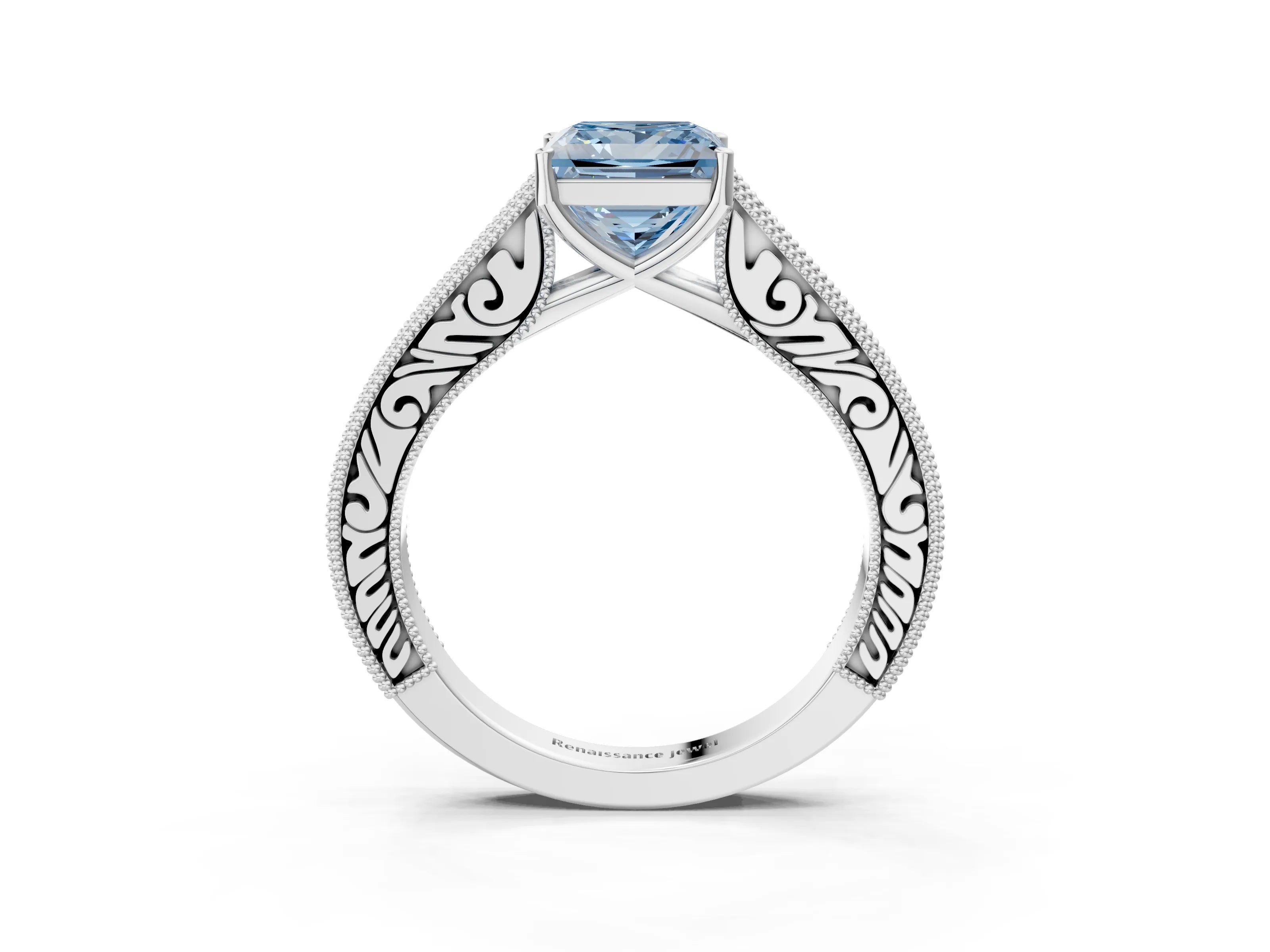White gold Fancy Blue Princess Cut Cut Pave Band Milgrain Solitaire Ring_3