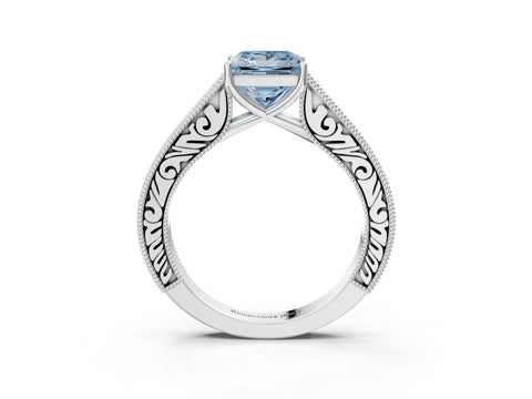 White gold Fancy Blue Princess Cut Cut Pave Band Milgrain Solitaire Ring_3