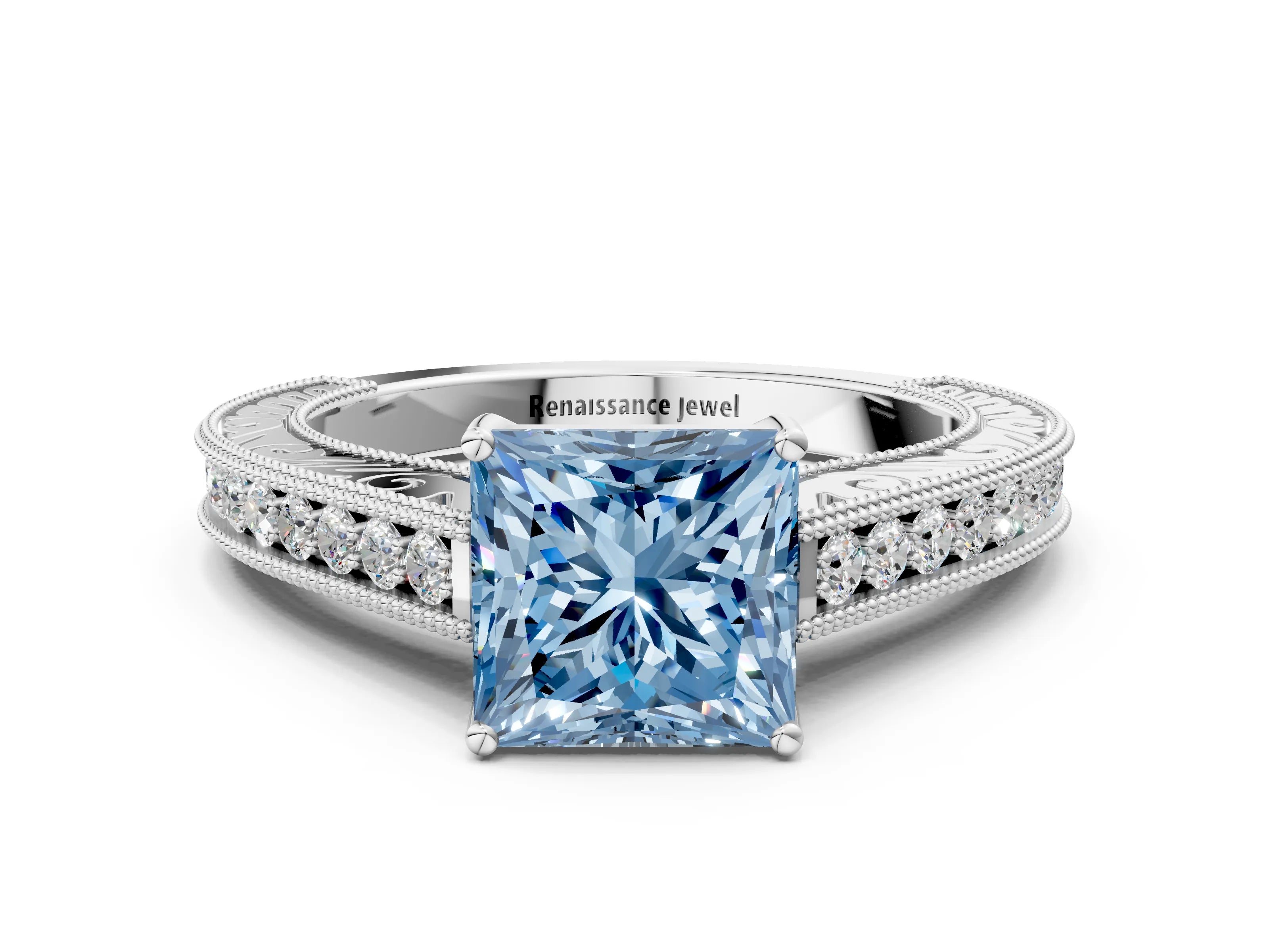White gold Fancy Blue Princess Cut Cut Pave Band Milgrain Solitaire Ring