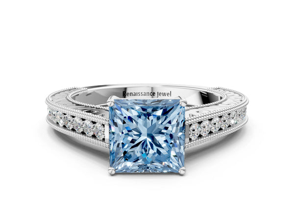 White Gold Princess Cut Vintage Pave Engagement Ring Setting for Fancy Blue Center