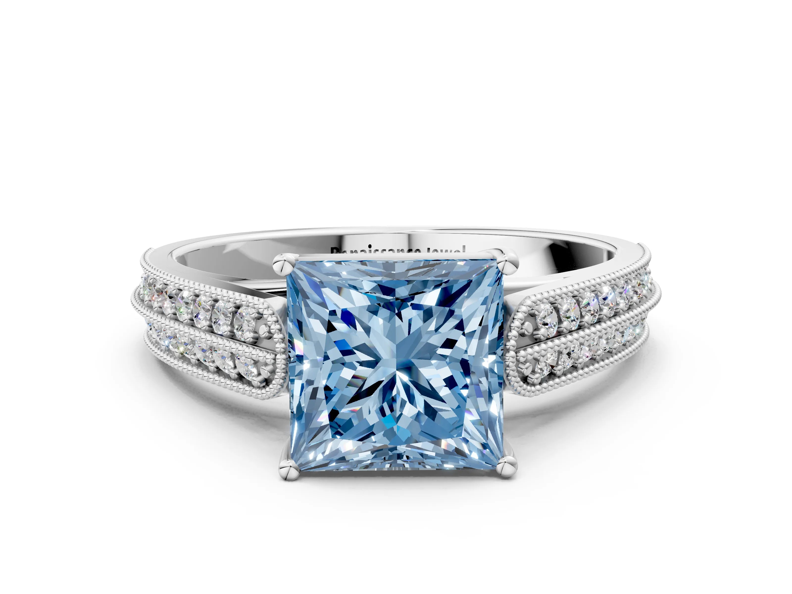 White gold Fancy Blue Princess Cut Cut Pave Split Shank Engagement Ring with Four-Prong Setting_12