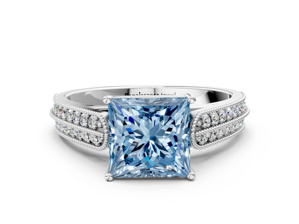 White gold Fancy Blue Princess Cut Cut Pave Split Shank Engagement Ring with Four-Prong Setting
