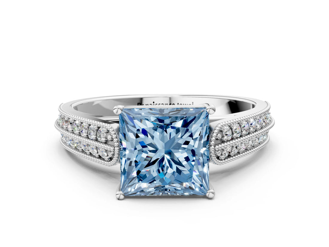 White gold Fancy Blue Princess Cut Cut Pave Split Shank Engagement Ring with Four-Prong Setting_12