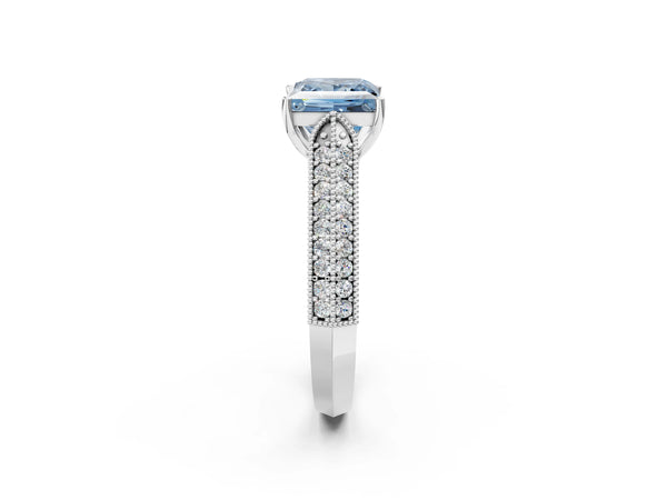 White gold Fancy Blue Princess Cut Cut Pave Split Shank Engagement Ring with Four-Prong Setting