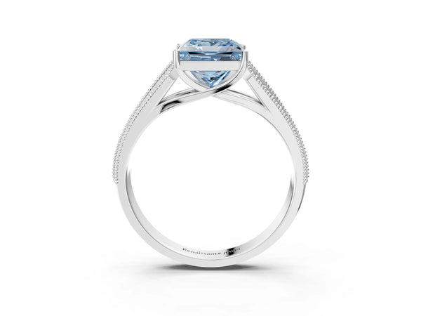 White gold Fancy Blue Princess Cut Cut Pave Split Shank Engagement Ring with Four-Prong Setting