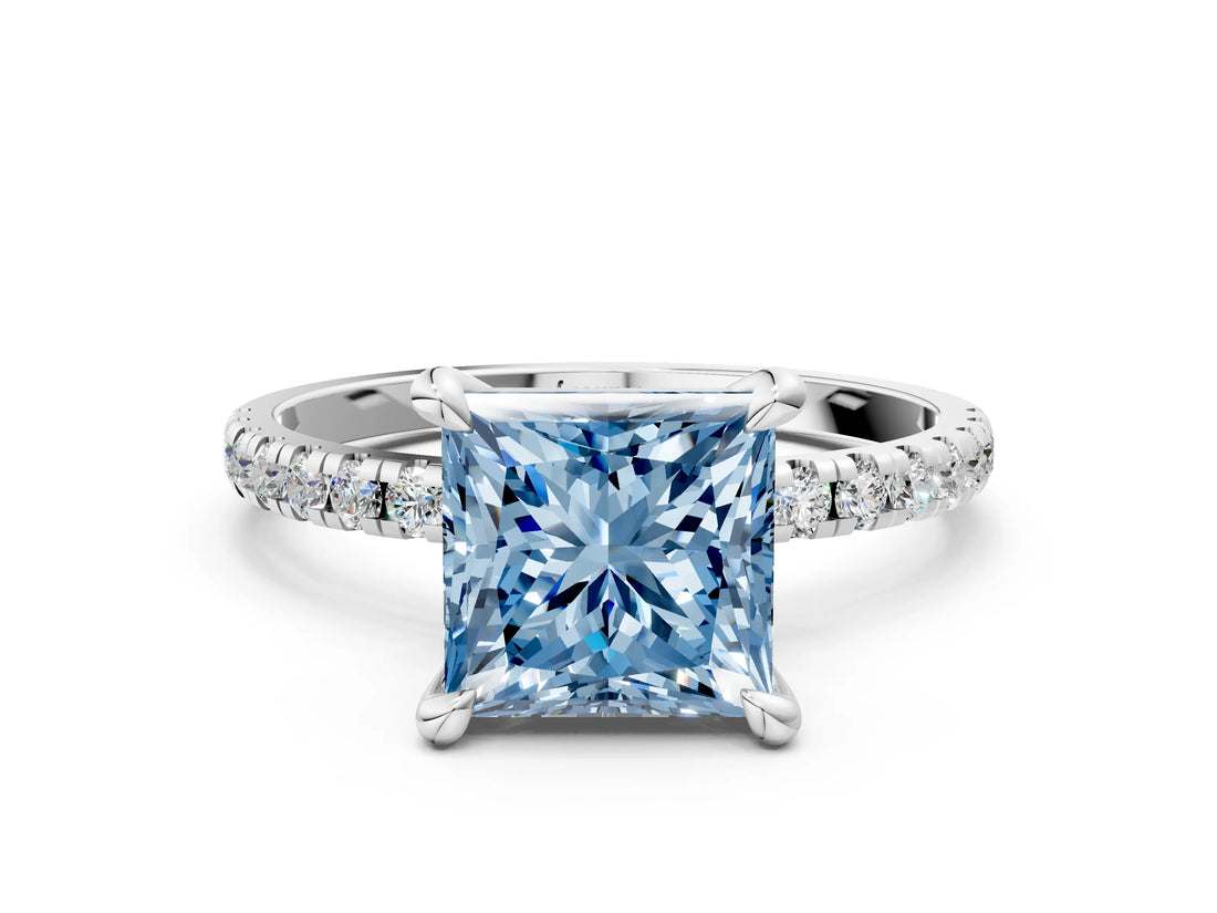 White gold Fancy Blue Princess Cut Diamond Brilliant Solitaire Ring with Pavé Band and Four-Prong Setting_12