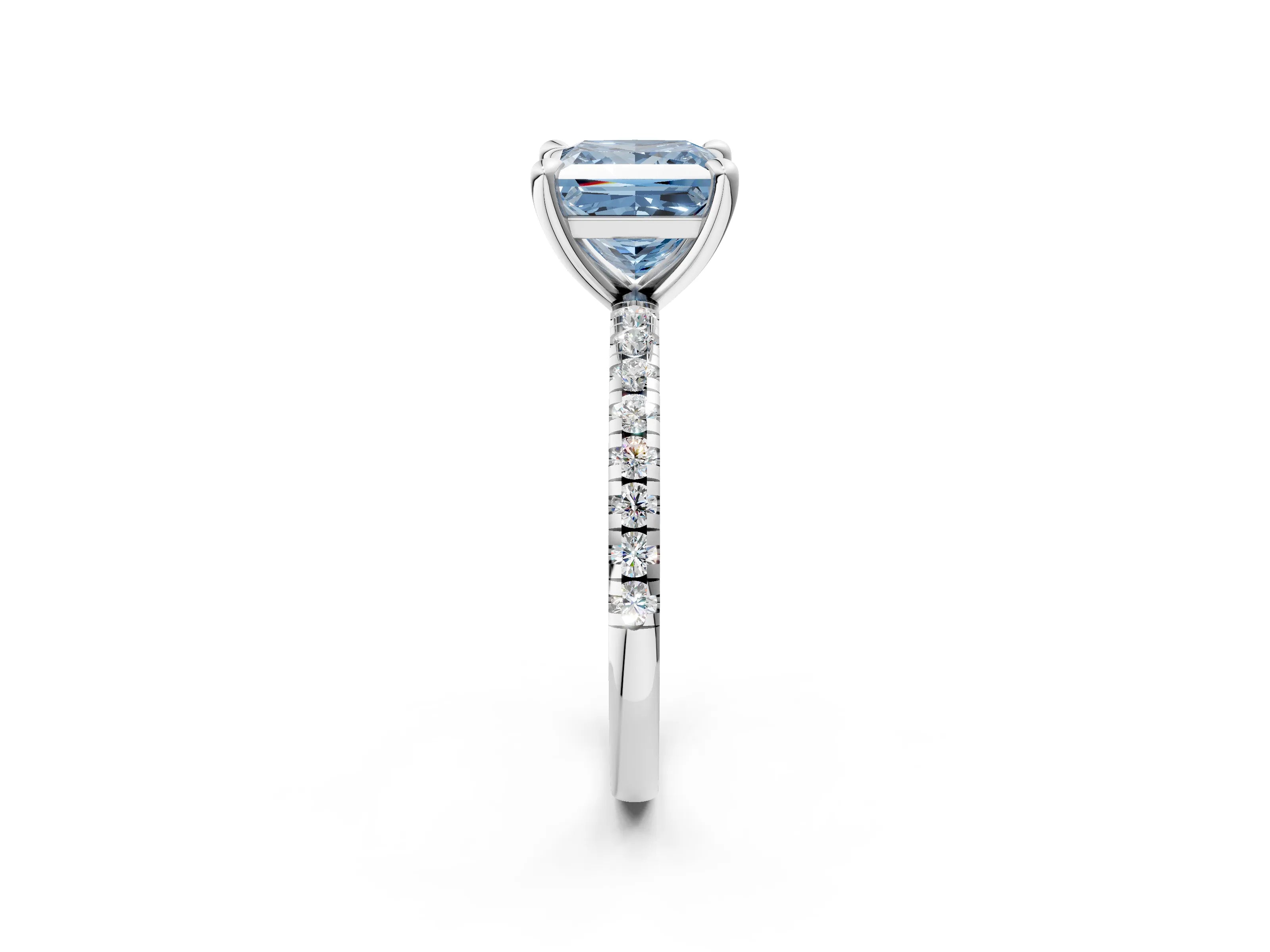 White gold Fancy Blue Princess Cut Diamond Brilliant Solitaire Ring with Pavé Band and Four-Prong Setting_2