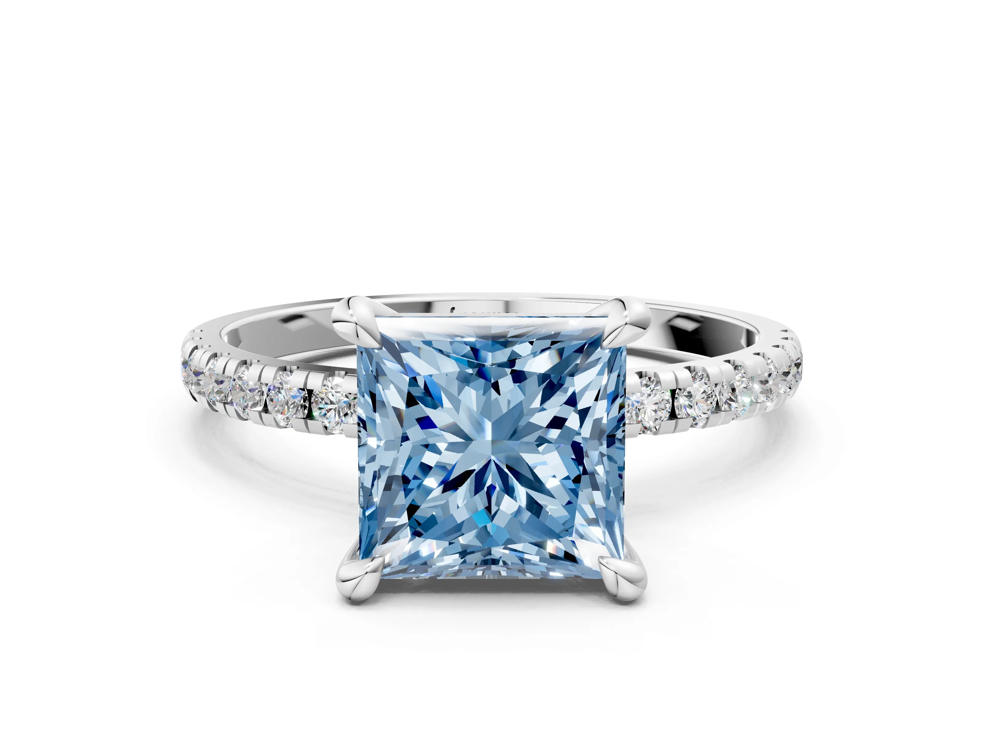 White gold Fancy Blue Princess Cut Diamond Brilliant Solitaire Ring with Pavé Band and Four-Prong Setting