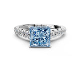 White gold Fancy Blue Princess Cut Diamond Cathedral Solitaire Ring with Round  Pavé Band_181