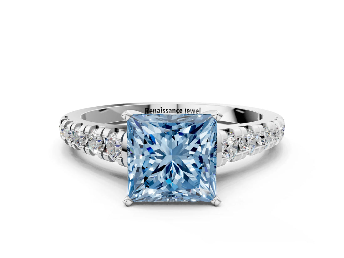 White gold Fancy Blue Princess Cut Diamond Cathedral Solitaire Ring with Round  Pavé Band_184