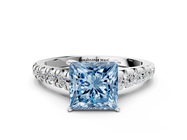 Platinum Princess Cut Graduated Cathedral Engagement Ring Setting for Fancy Blue Center