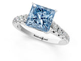 White gold Fancy Blue Princess Cut Diamond Cathedral Solitaire Ring with Round  Pavé Band_186