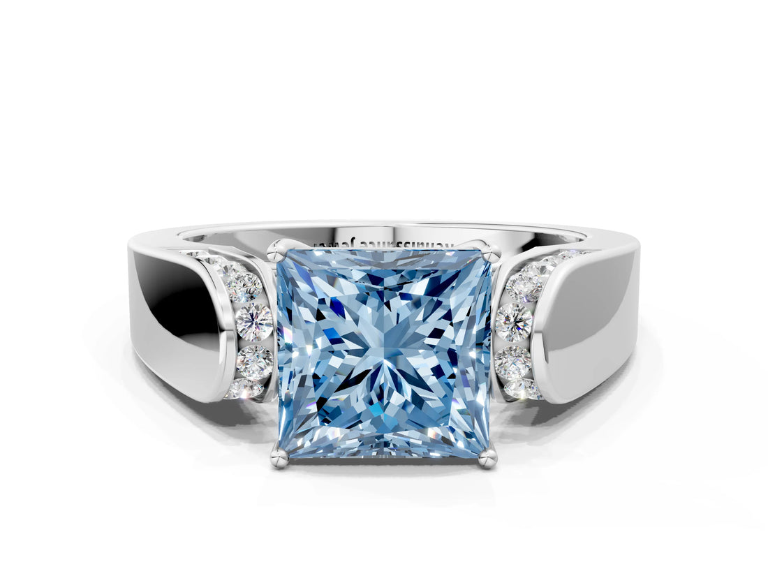 White gold Fancy Blue Princess Cut Diamond Channel Set Solitaire Ring with Four-Prong Setting_19