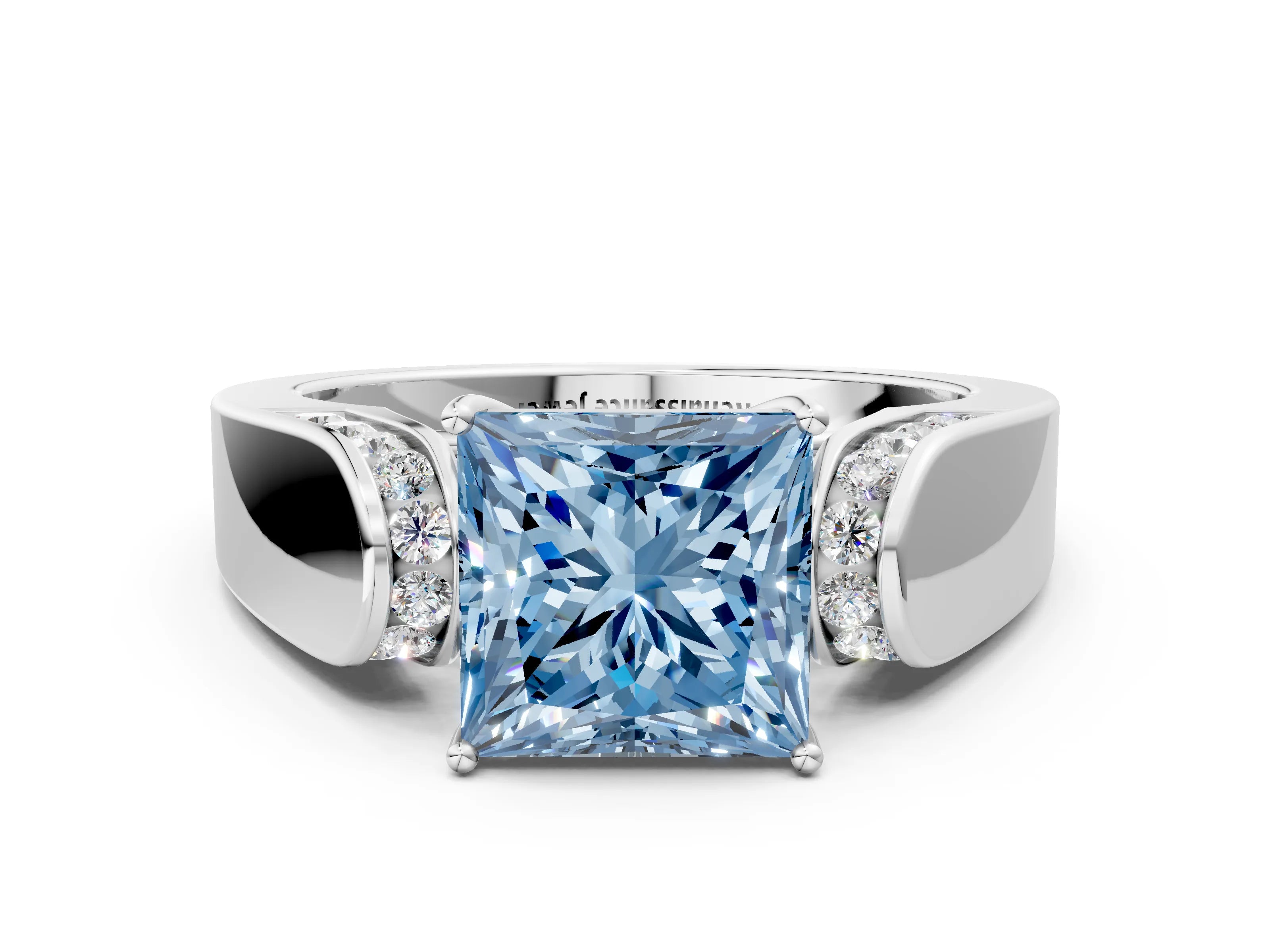 White gold Fancy Blue Princess Cut Diamond Channel Set Solitaire Ring with Four-Prong Setting_30