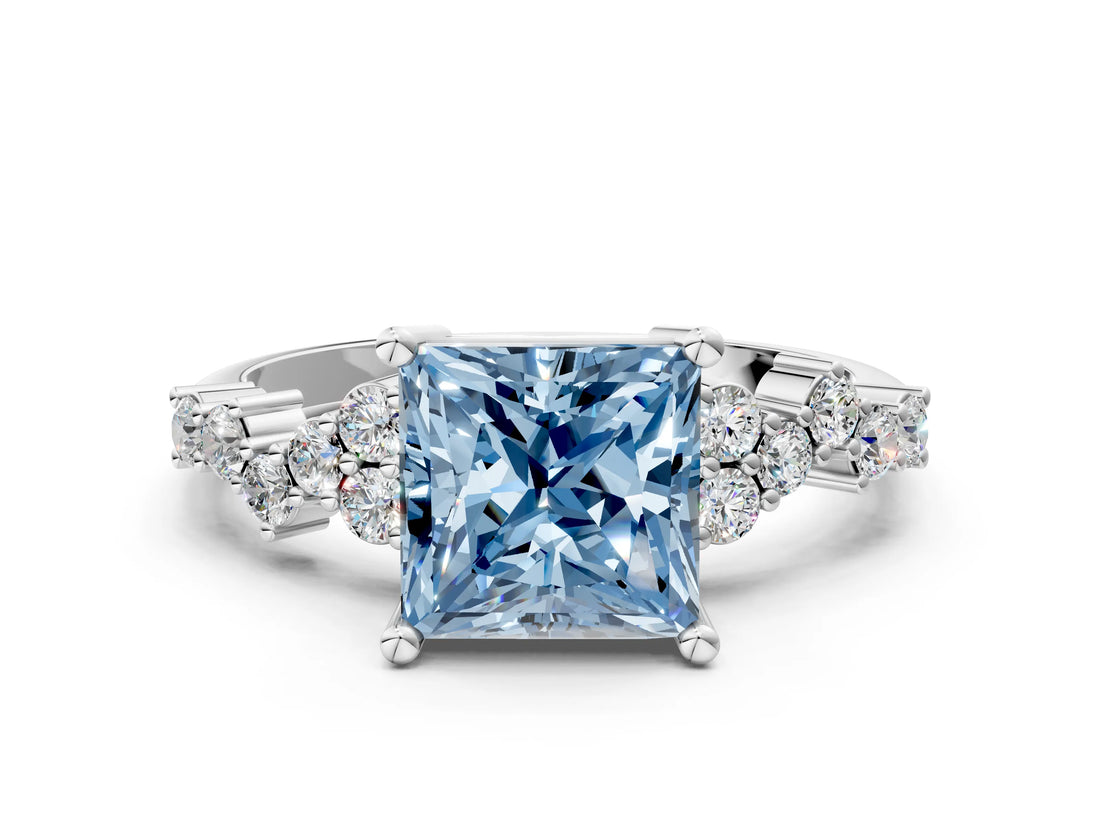 White gold Fancy Blue Princess Cut Diamond Cluster Pavé Band with Four-Prong Setting_12