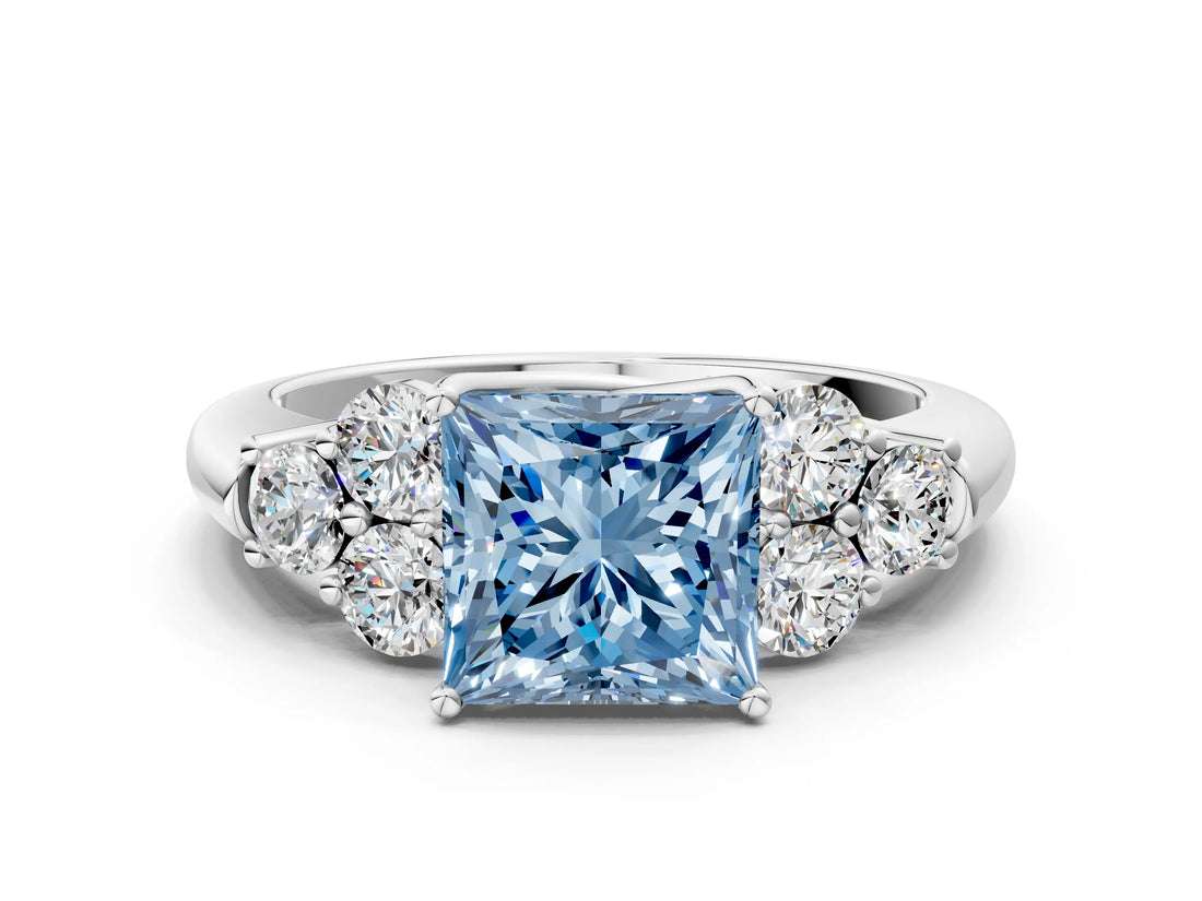 White gold Fancy Blue Princess  Cut Diamond Cluster Ring with Round Accent Stones and Prong Setting on a Classic Band_49