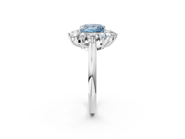Platinum Fancy Blue Princess Cut Diamond Cluster Ring with Round and Baguette Stones, Split Shank Band, Prong Setting