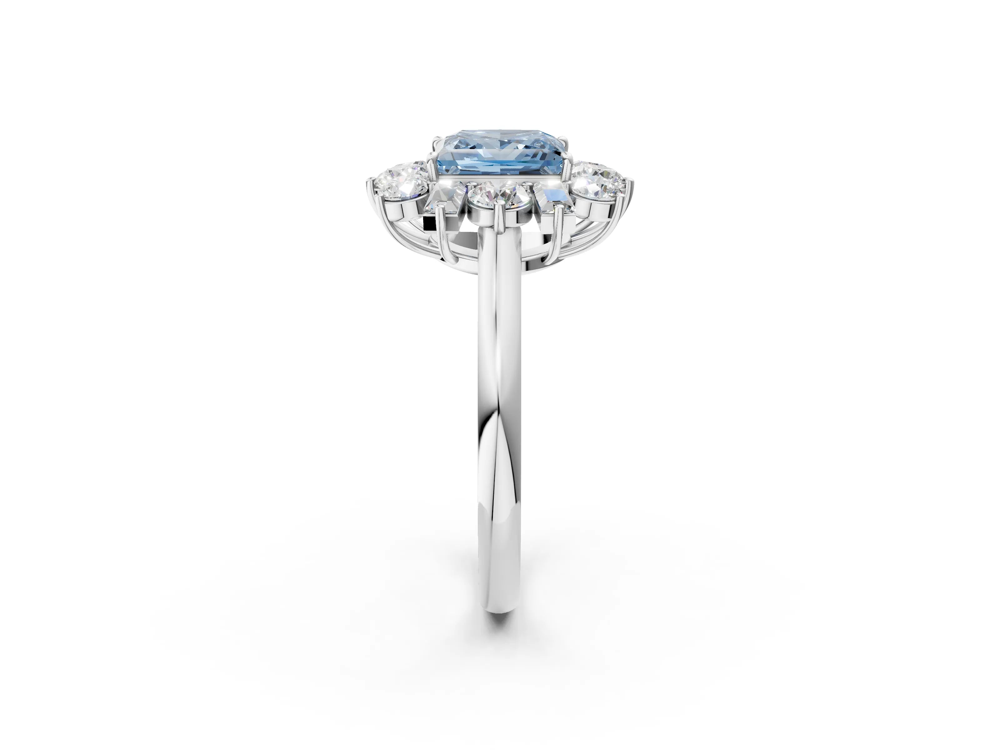 White gold Fancy Blue Princess Cut Diamond Cluster Ring with Round and Baguette Stones, Split Shank Band, Prong Setting_14