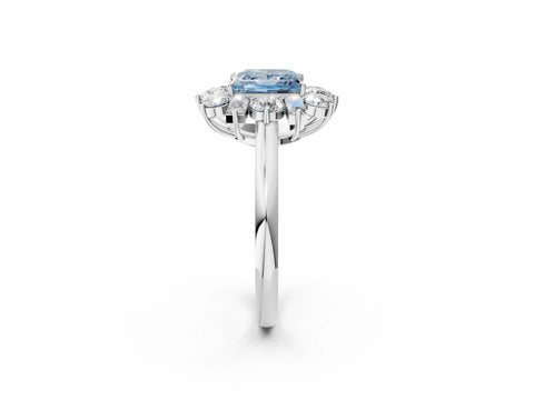 White gold Fancy Blue Princess Cut Diamond Cluster Ring with Round and Baguette Stones, Split Shank Band, Prong Setting_14