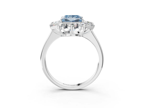 Platinum Fancy Blue Princess Cut Diamond Cluster Ring with Round and Baguette Stones, Split Shank Band, Prong Setting