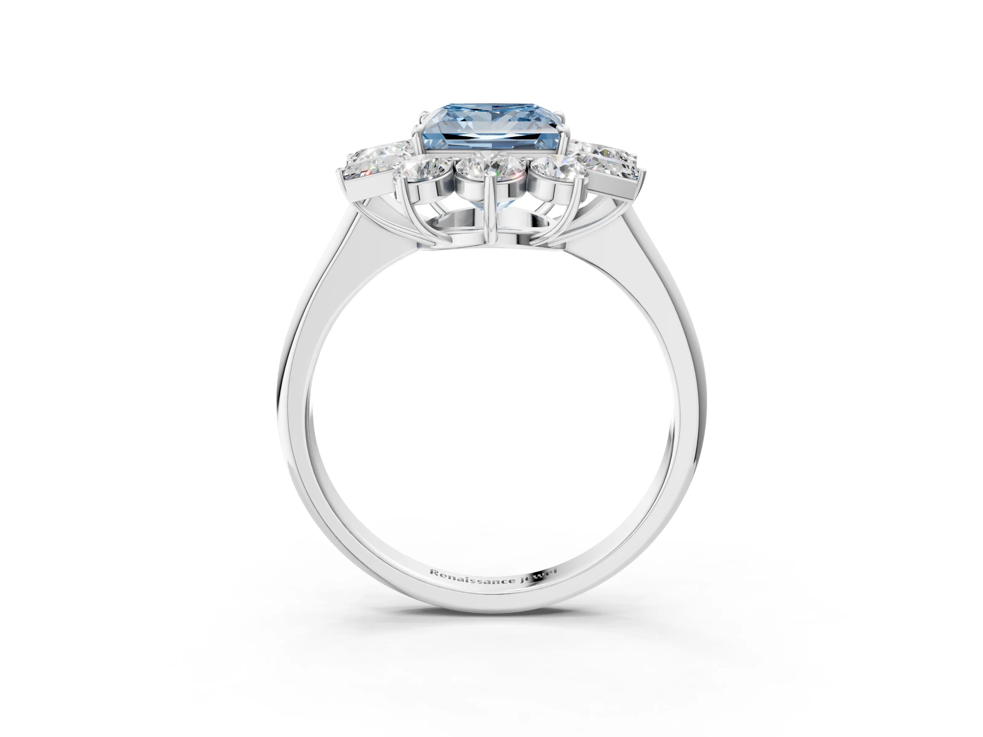 White gold Fancy Blue Princess Cut Diamond Cluster Ring with Round and Baguette Stones, Split Shank Band, Prong Setting_15