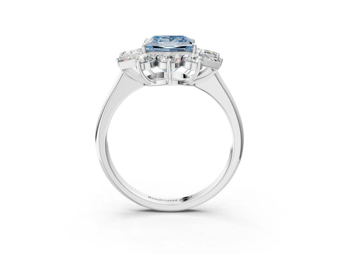 White gold Fancy Blue Princess Cut Diamond Cluster Ring with Round and Baguette Stones, Split Shank Band, Prong Setting_15