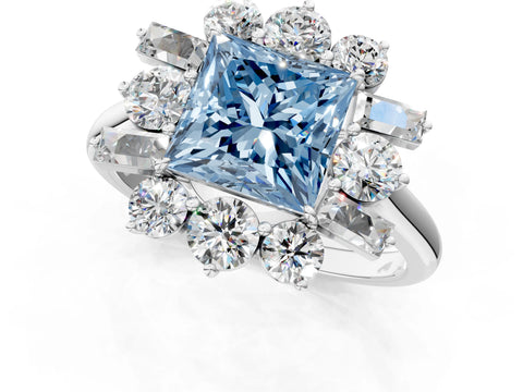 White gold Fancy Blue Princess Cut Diamond Cluster Ring with Round and Baguette Stones, Split Shank Band, Prong Setting_1