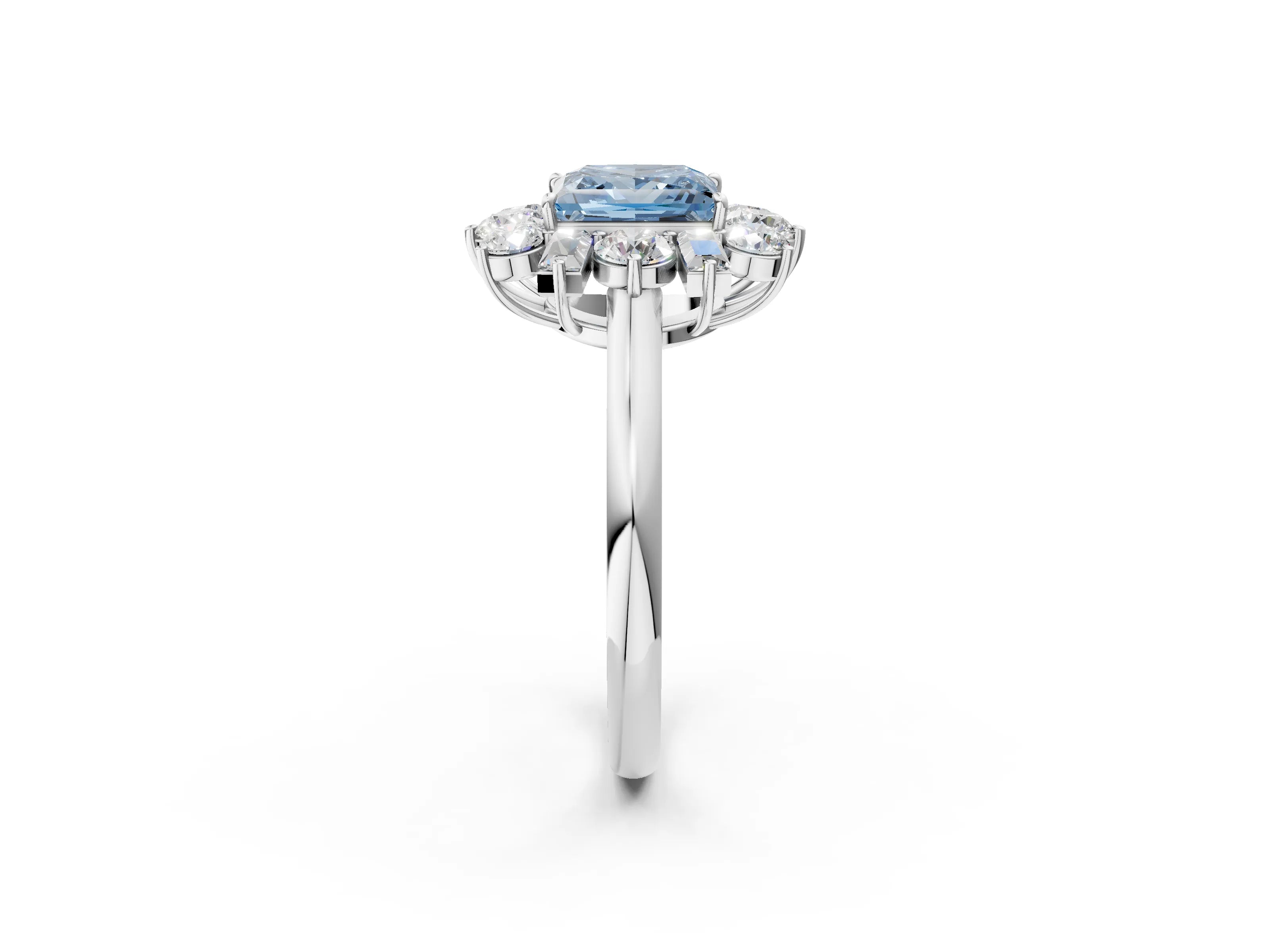 White gold Fancy Blue Princess Cut Diamond Cluster Ring with Round and Baguette Stones, Split Shank Band, Prong Setting_2