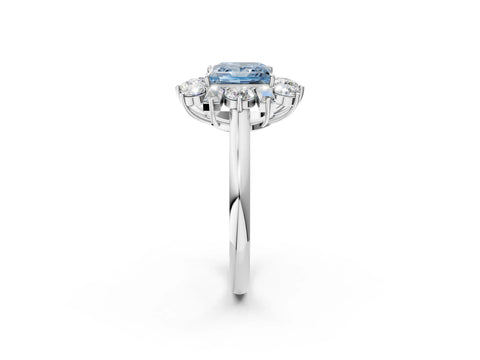 White gold Fancy Blue Princess Cut Diamond Cluster Ring with Round and Baguette Stones, Split Shank Band, Prong Setting_2