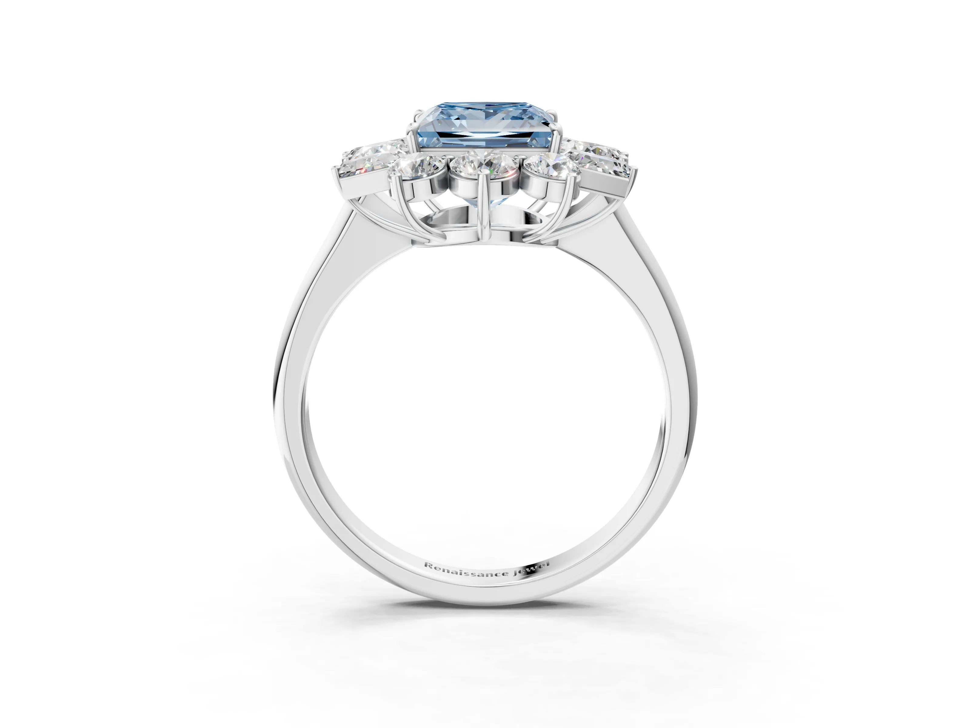 White gold Fancy Blue Princess Cut Diamond Cluster Ring with Round and Baguette Stones, Split Shank Band, Prong Setting_3