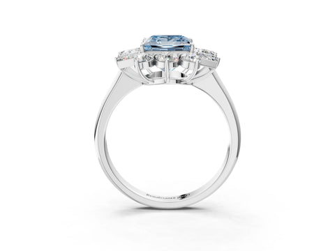 White gold Fancy Blue Princess Cut Diamond Cluster Ring with Round and Baguette Stones, Split Shank Band, Prong Setting_3