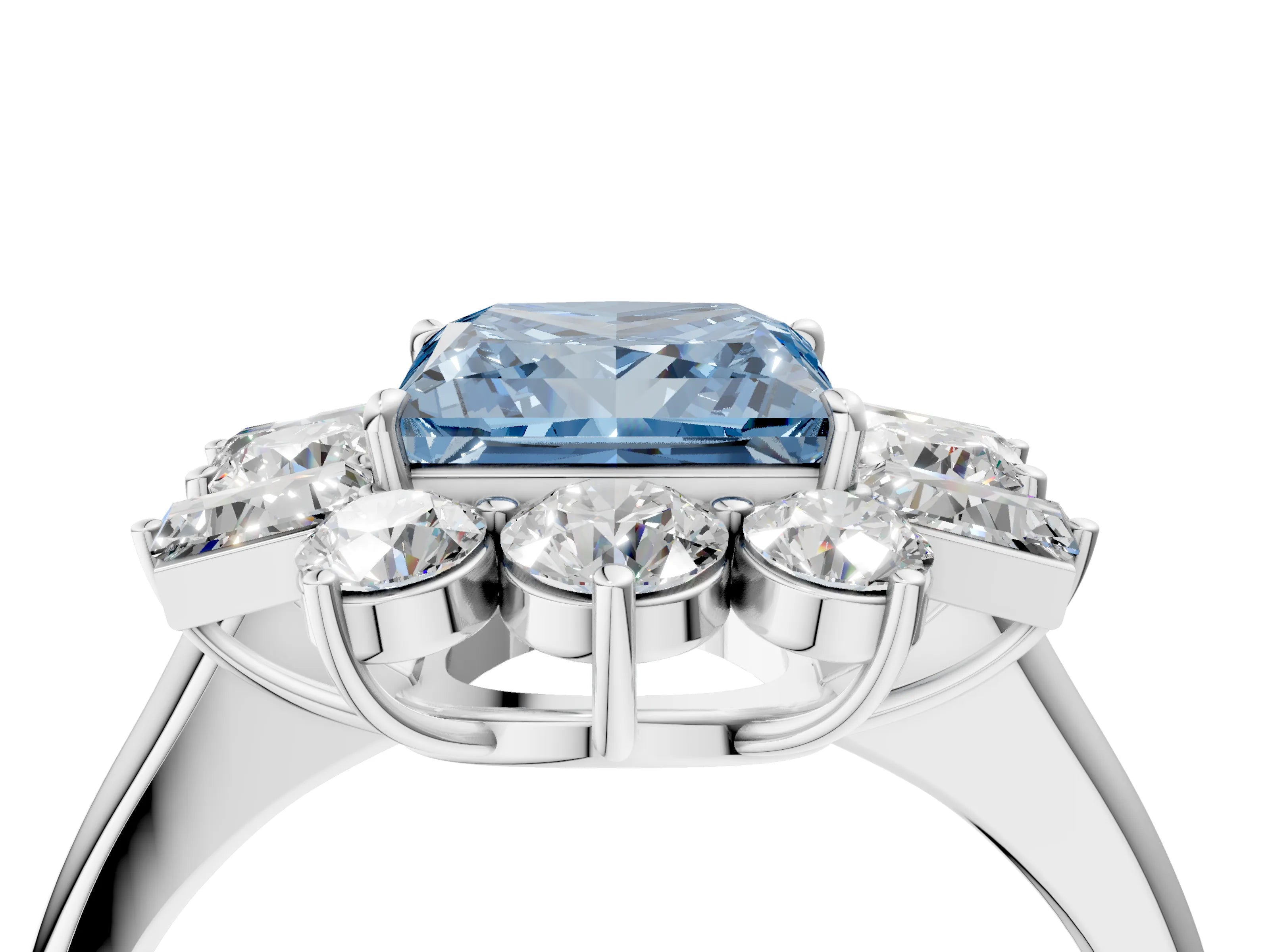 White gold Fancy Blue Princess Cut Diamond Cluster Ring with Round and Baguette Stones, Split Shank Band, Prong Setting_4