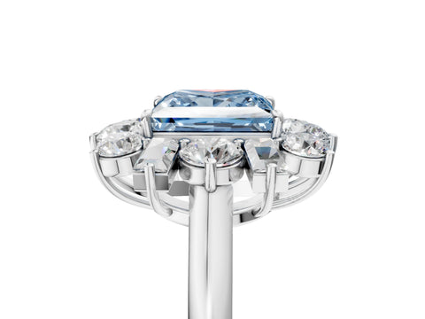 White gold Fancy Blue Princess Cut Diamond Cluster Ring with Round and Baguette Stones, Split Shank Band, Prong Setting_5