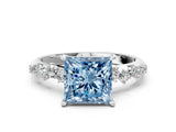 White gold Fancy Blue Princess Cut Diamond Cluster Side Stone Solitaire Ring with Prong Setting_77