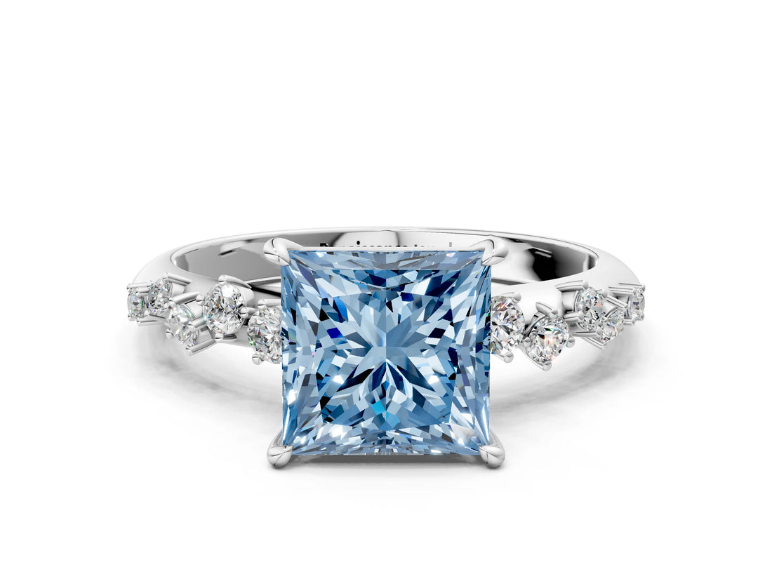 White gold Fancy Blue Princess Cut Diamond Cluster Side Stone Solitaire Ring with Prong Setting_78