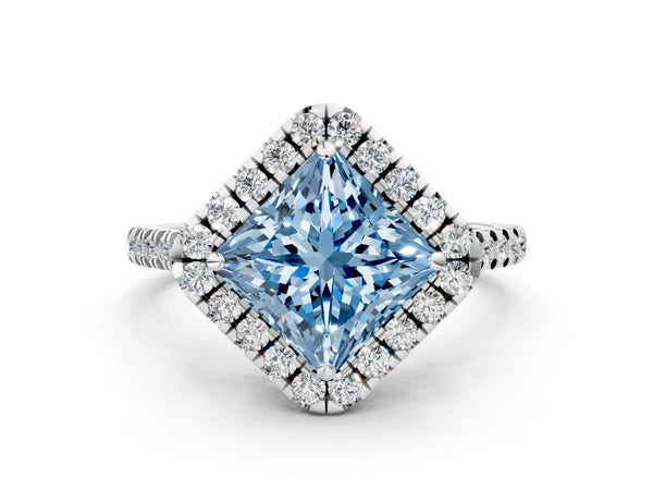 Platinum Fancy Blue Princess Cut Diamond Cushion Halo Ring with Pavé Band