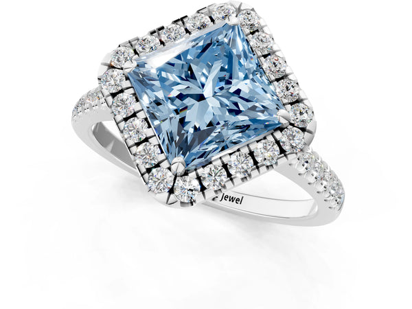 Platinum Fancy Blue Princess Cut Diamond Cushion Halo Ring with Pavé Band