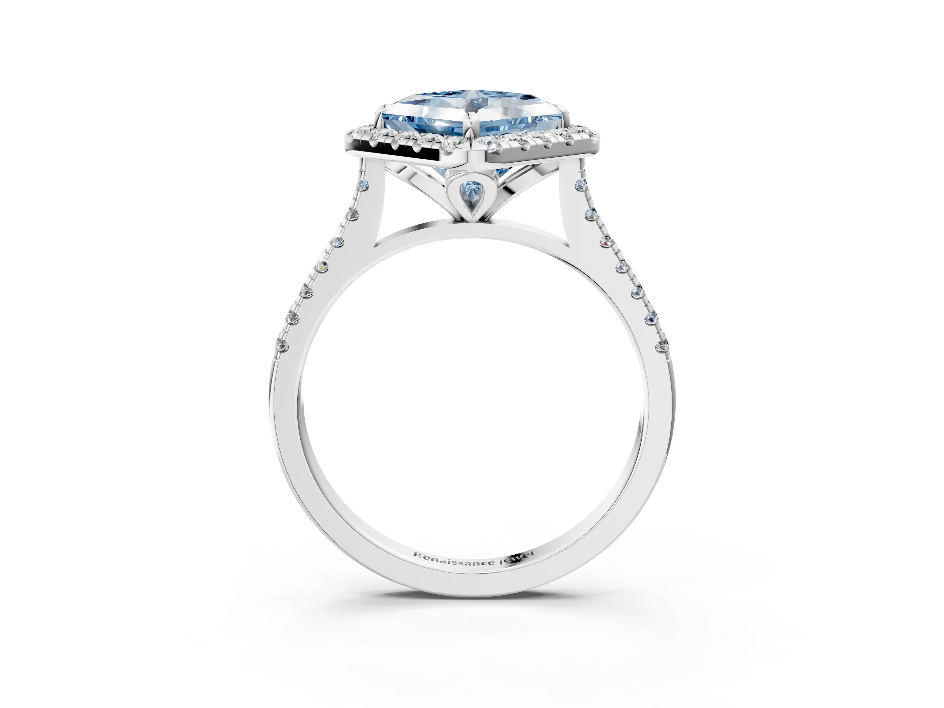 White gold Fancy Blue Princess Cut Diamond Cushion Halo Ring with Pavé Band_15
